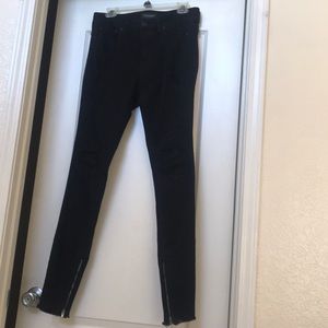 Stacked skinny destroyed moto zip stretch jeans